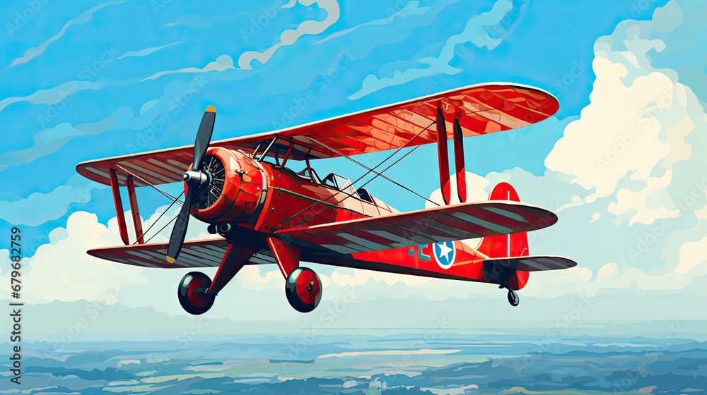 Red vintage plane flying in the blue sky, digital art style