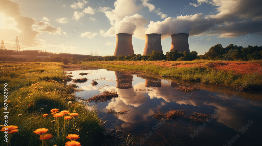 Panoramic view of a nuclear power plant with afternoon sunlight. and blue sky.