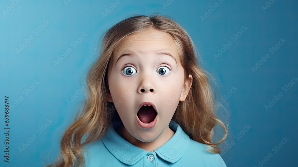 Portrait of a surprised little girl with big eyes and an open mouth looking to the side