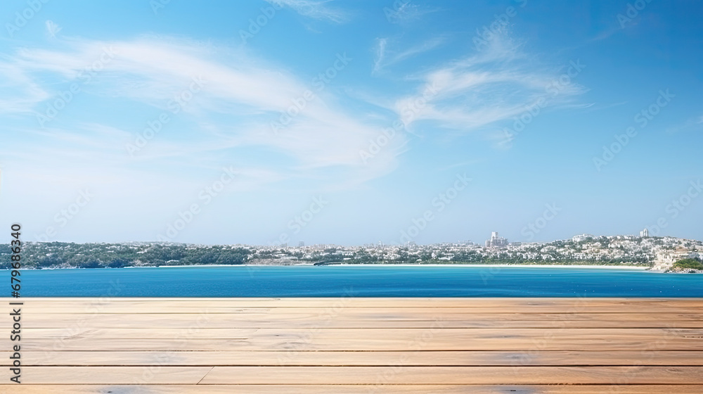 Wood table top on blur summer blue sea and sky background - can be used for display or montage your products