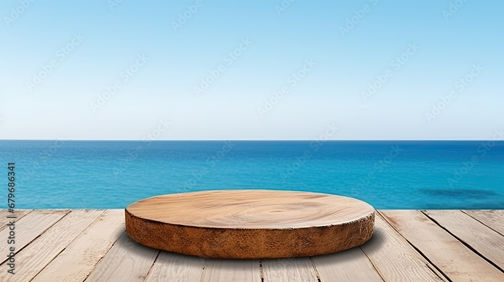 Wood table top on blur summer blue sea and sky background - can be used for display or montage your products