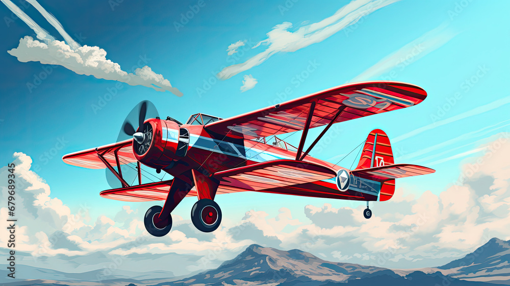 Red vintage plane flying in the blue sky, digital art style