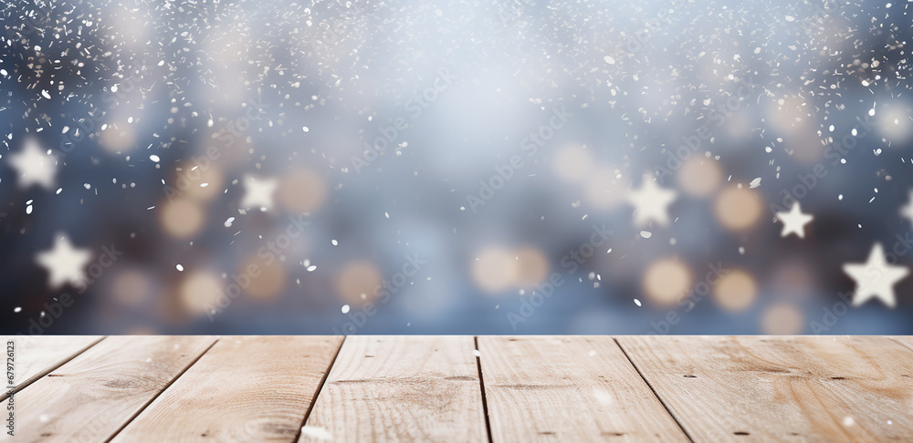 wooden empty surface with snow in the background. snowfall out of focus. AI generated	