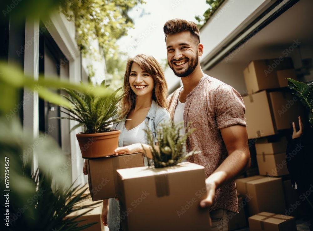 happy young couple moving to a new house holding boxes