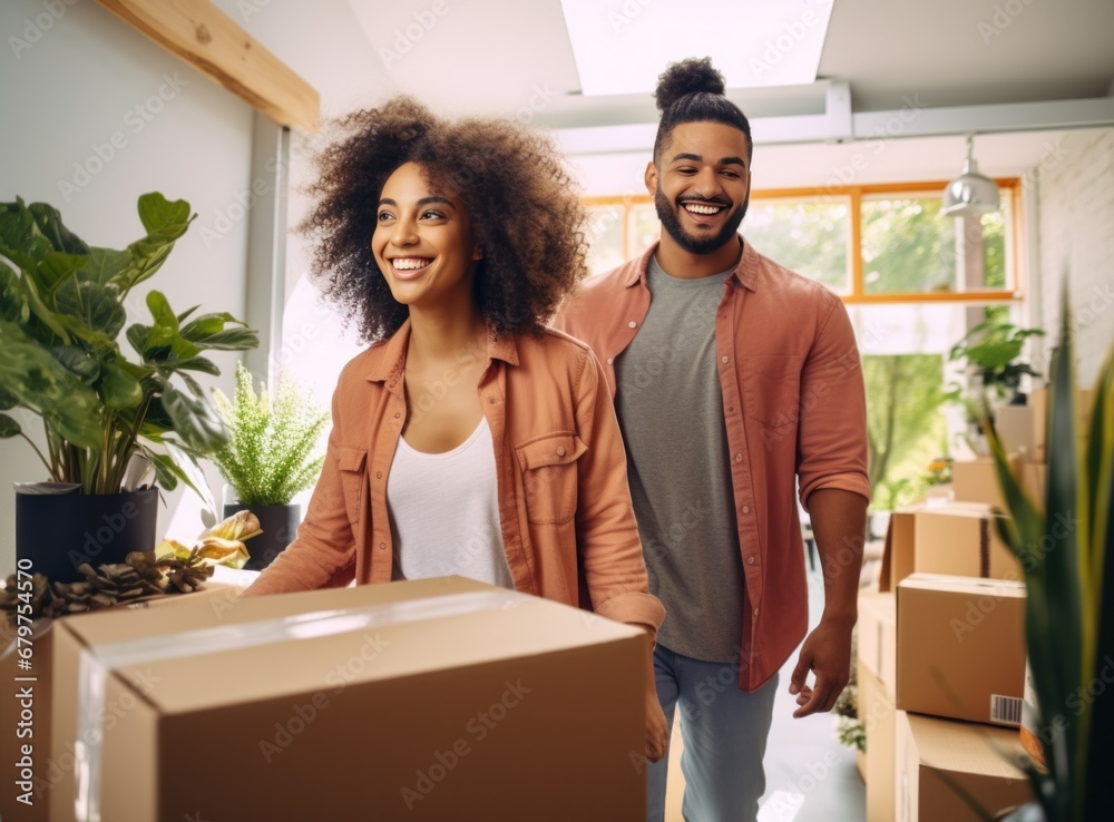 a happy young couple is walking through a hallway with moving boxes.