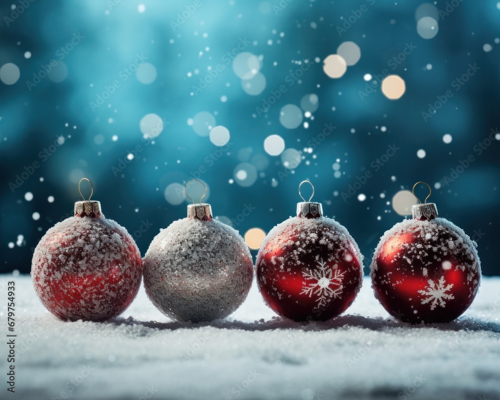 ornaments and red balls on snow background