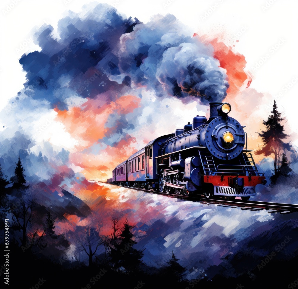 locomotive train, railroad train watercolor