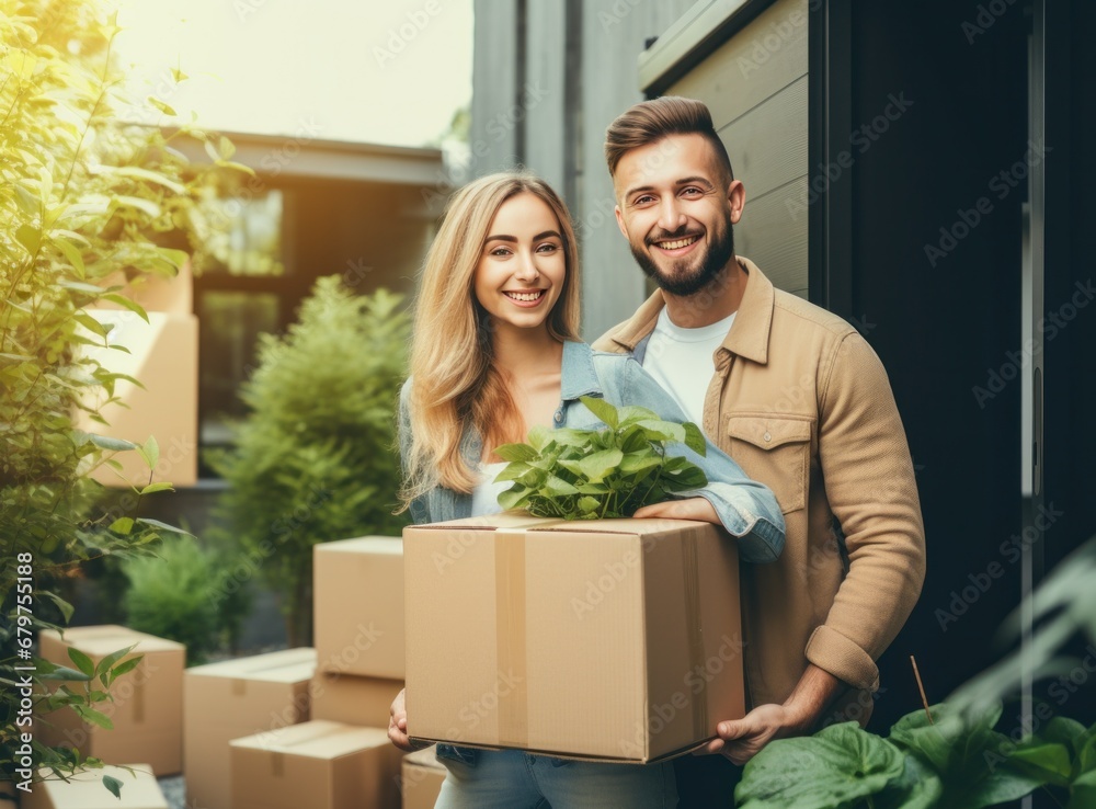 happy young couple moving to a new house holding boxes