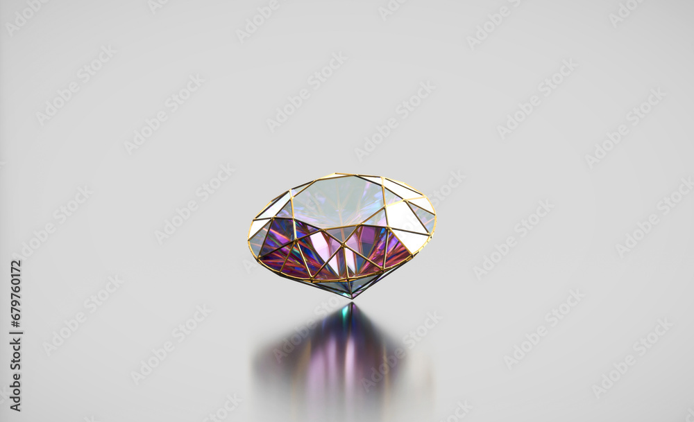 Abstract colorful brilliant diamond gem placed on glossy background 3d rendering