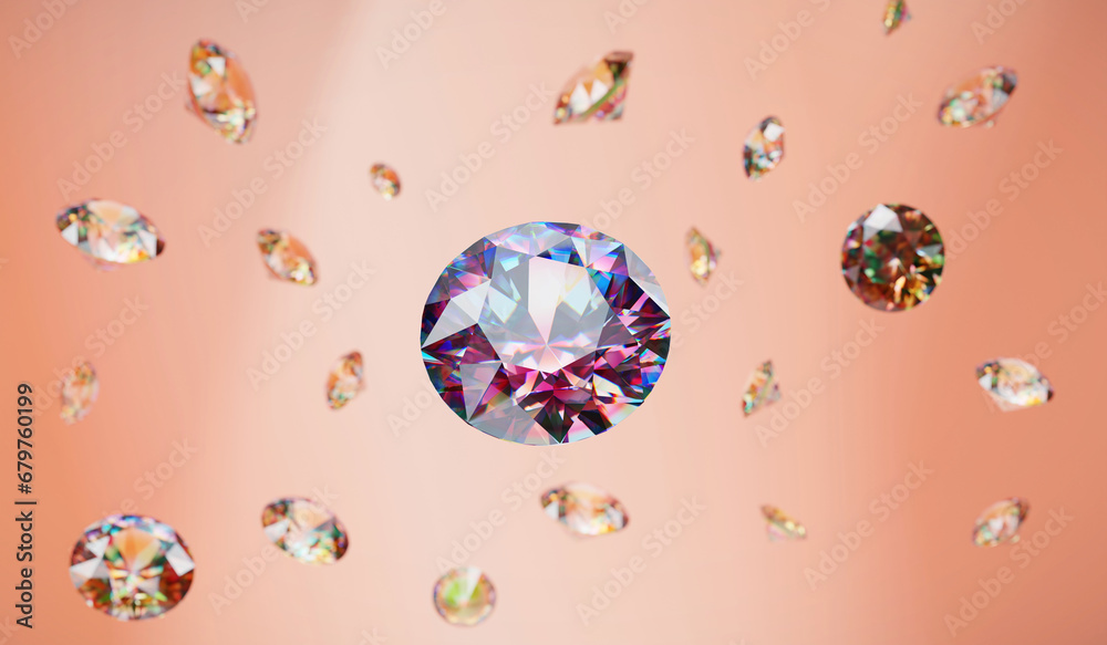 Colorful brilliant diamond group falling in black background 3d rendering