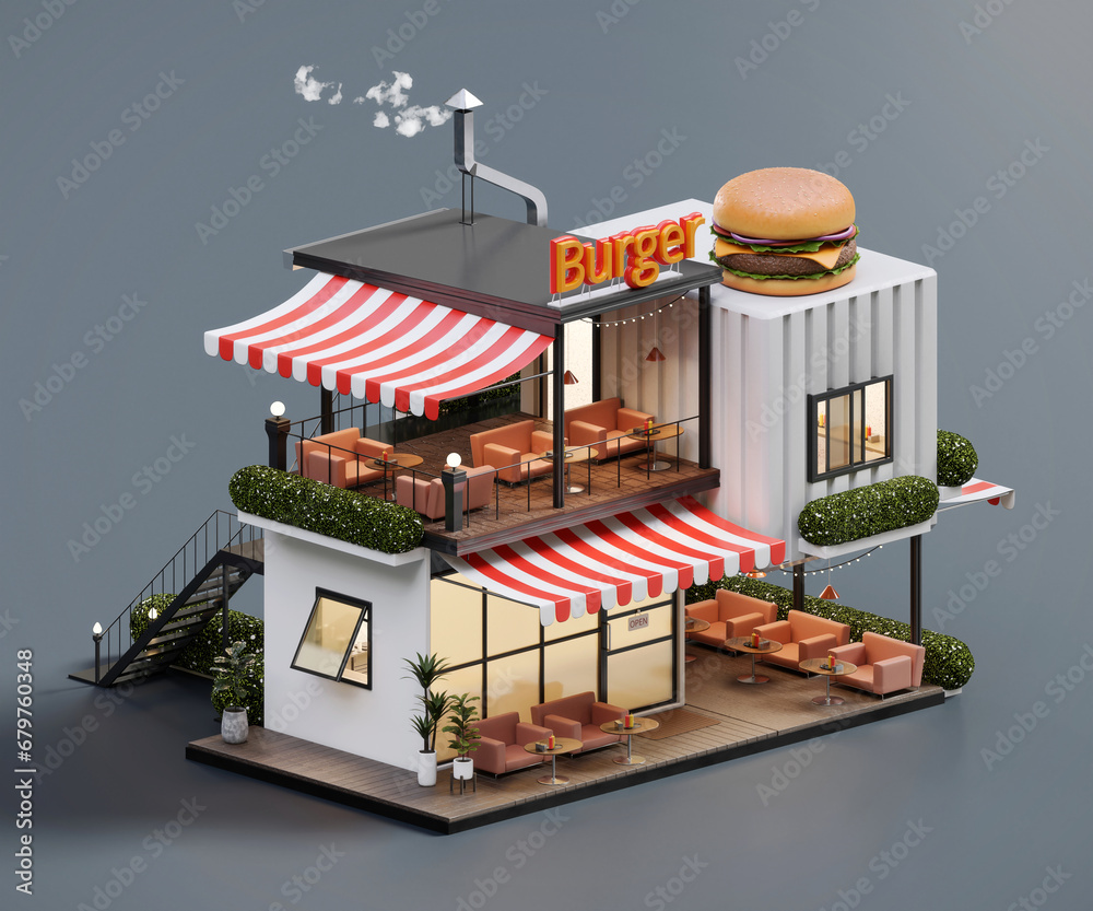 Isometric view minimal burger restaurant container store exterior architecture, 3d rendering digital art.