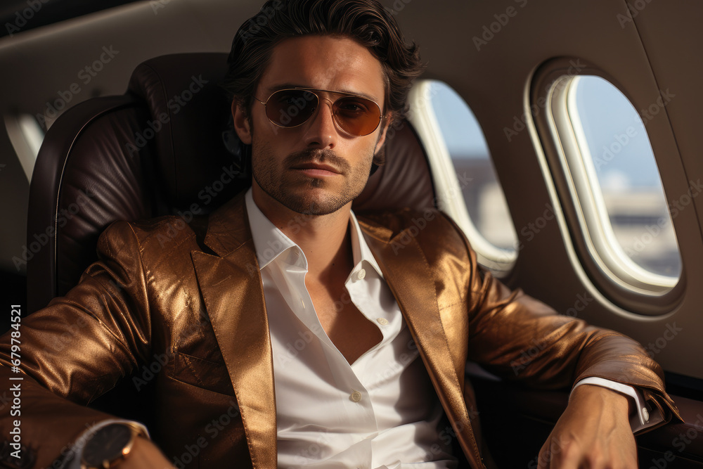 Male model relaxing in private jet, Luxury design trends, High fashion.