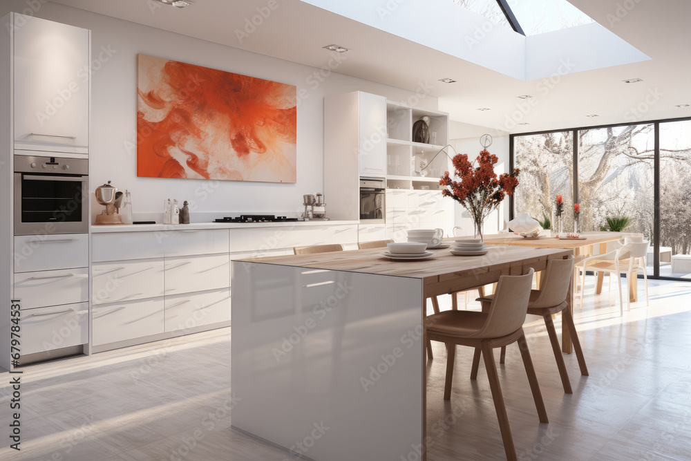 A beautiful clean white kitchen with white floor.