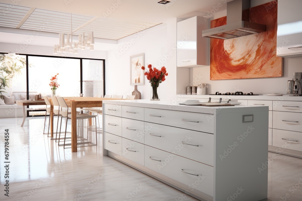 A beautiful clean white kitchen with white floor.