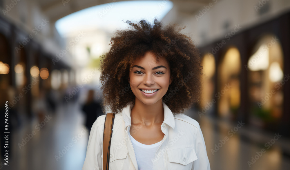 Beautiful African American women smiling wearing a trendy all white dress and jacket.