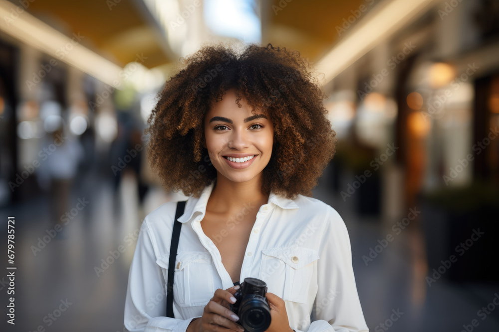 Beautiful African American women smiling wearing a trendy all white dress and jacket.