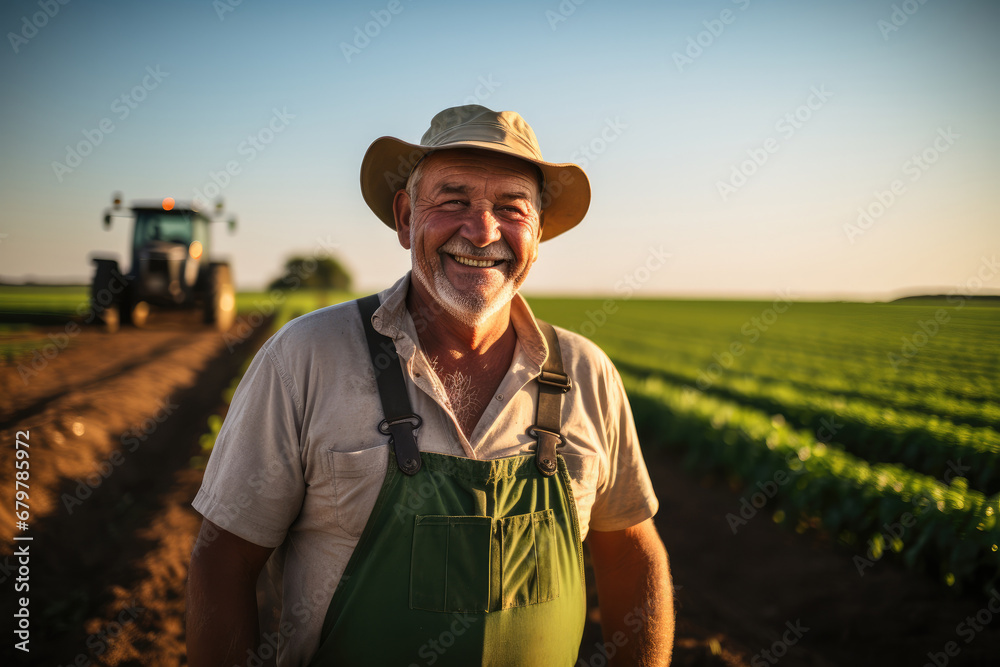 Farmer smiling at agricultural area.