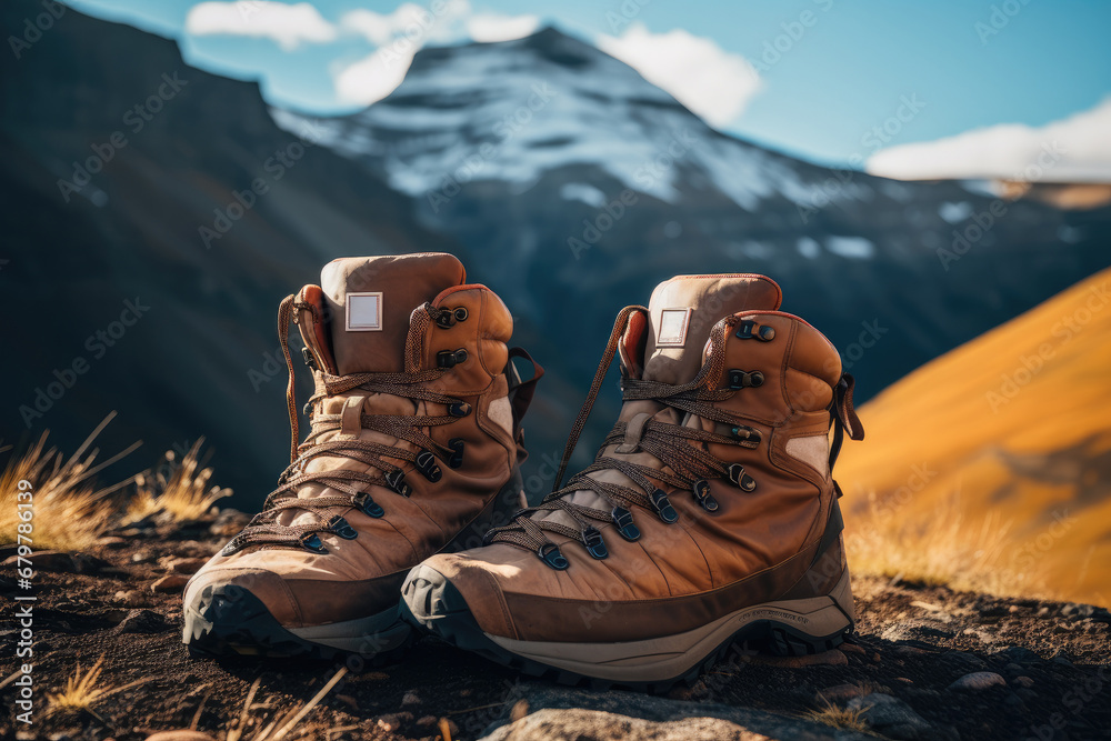 A hiking boots at the base of a mountain trail, Early morning lighting.