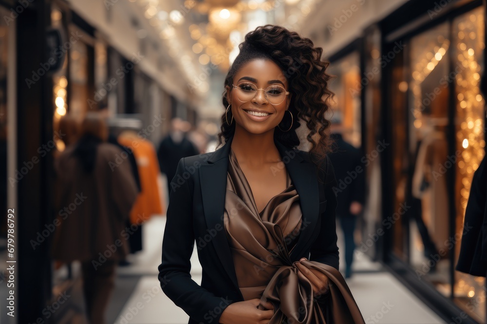 A luxurious black woman, She is dressed luxurious clothes standing on front a luxurious store.