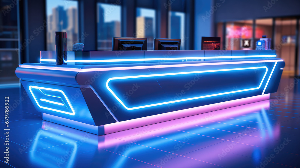 Registration counter with neon light, Cool, Technology.