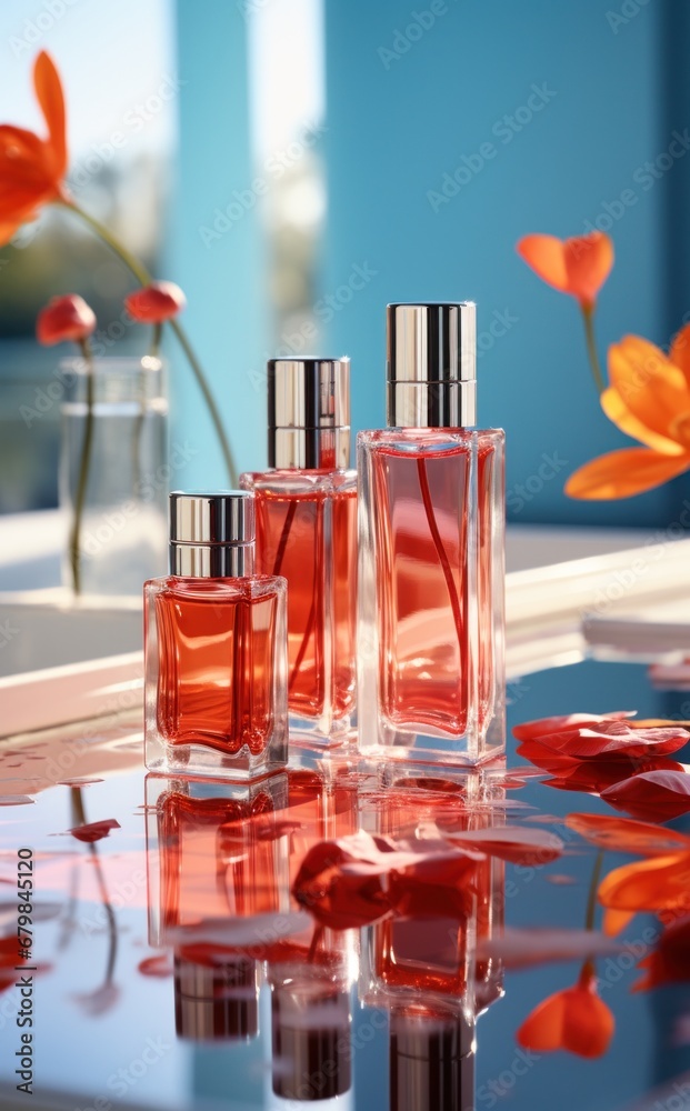 three red cosmetic bottles on a table