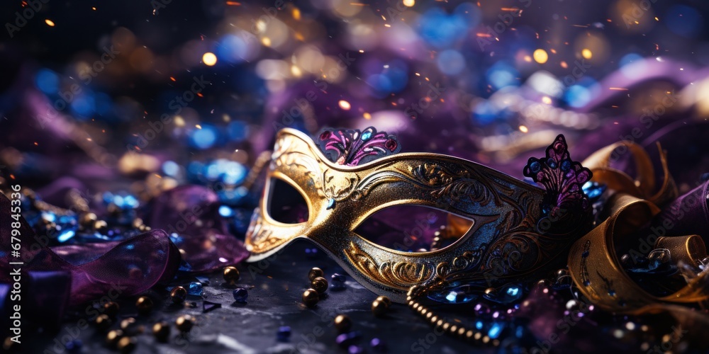 mardi gras masquerade in gold and purple and colorful confetti,