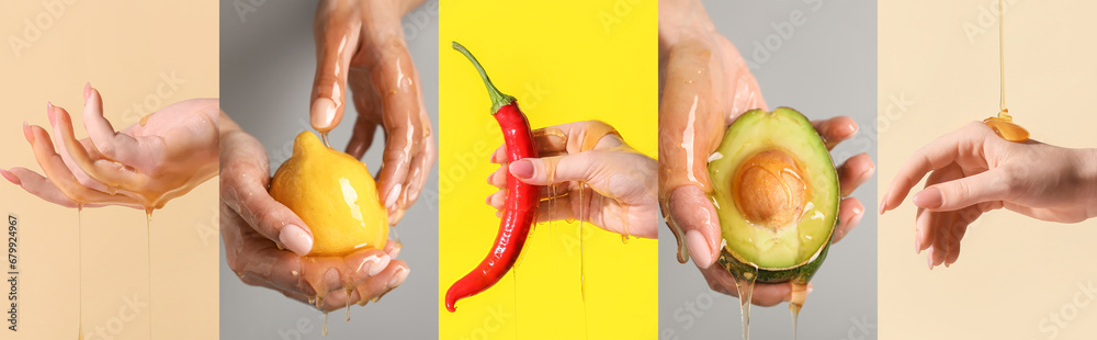 Collage of female hands with dripping honey, fresh lemon, avocado and chili pepper on color background