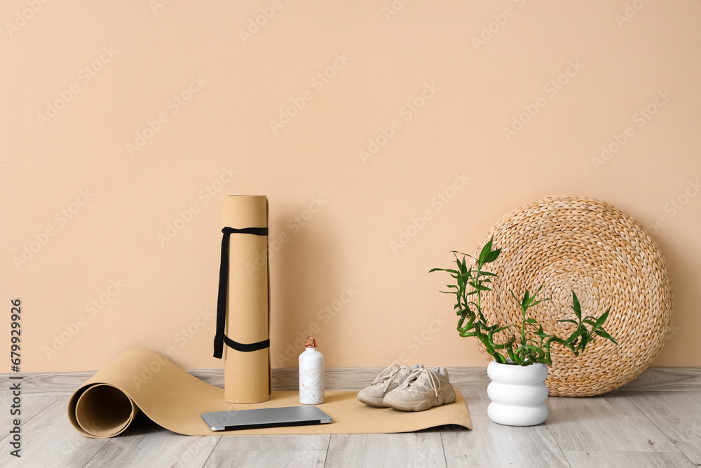 Sports equipment with laptop and plant near beige wall in gym