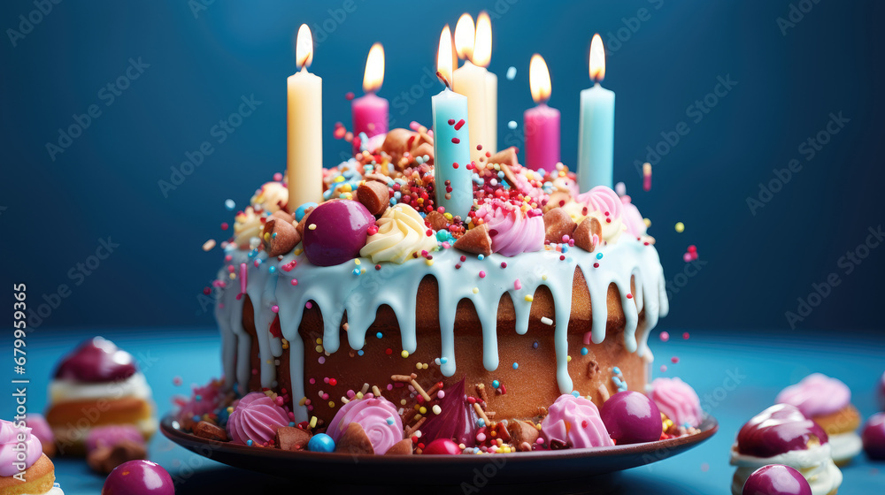 birthday cake with candles, Birthday colorful cake decorated with sweets  poured with  chocolate on a  dark blue background