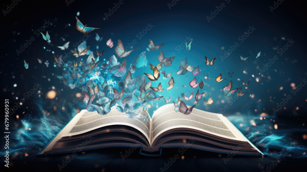 open book with magic light, A blue open book with pages butterfly  flying from it.