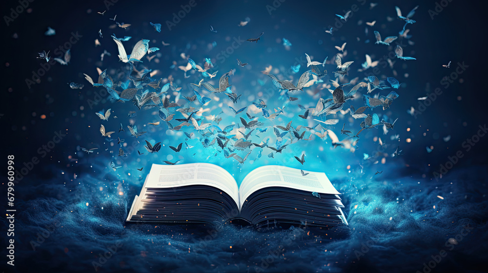 open book with magic light, A blue open book with pages butterfly  flying from it.