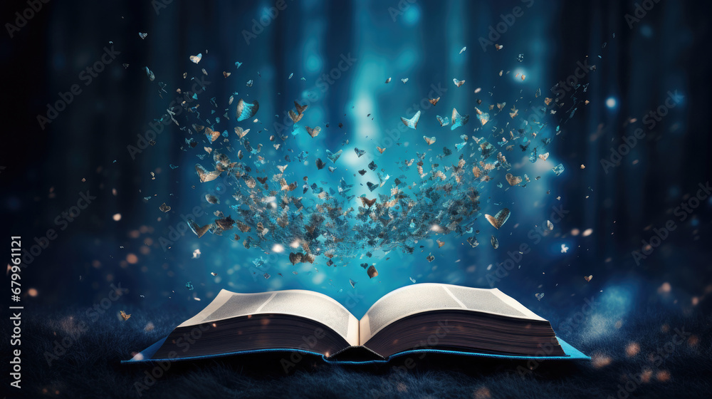 open book with magic light, A blue open book with pages butterfly  flying from it.