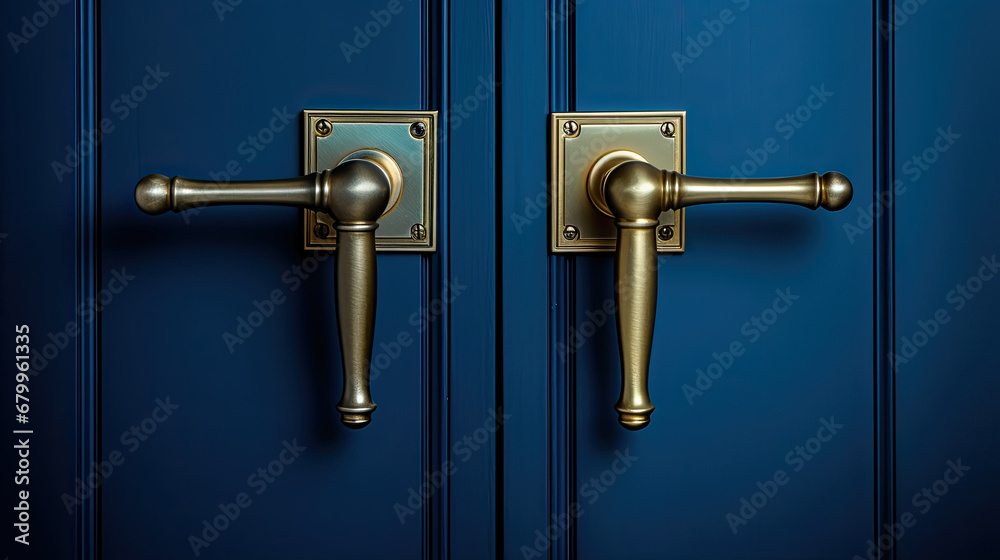 A blue door with a brass handle on dark blue black background