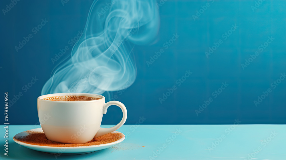 Cup of hot coffee with an alarm clock on blue background..Good morning concept. Aroma, hot morning drink. Morning time concept. retro alarm clock and cup on background. wake up, Good morning. 