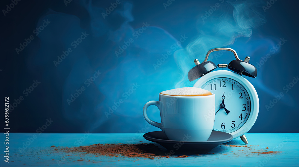 Cup of hot coffee with an alarm clock on blue background..Good morning concept. Aroma, hot morning drink. Morning time concept. retro alarm clock and cup on background. wake up, Good morning. 