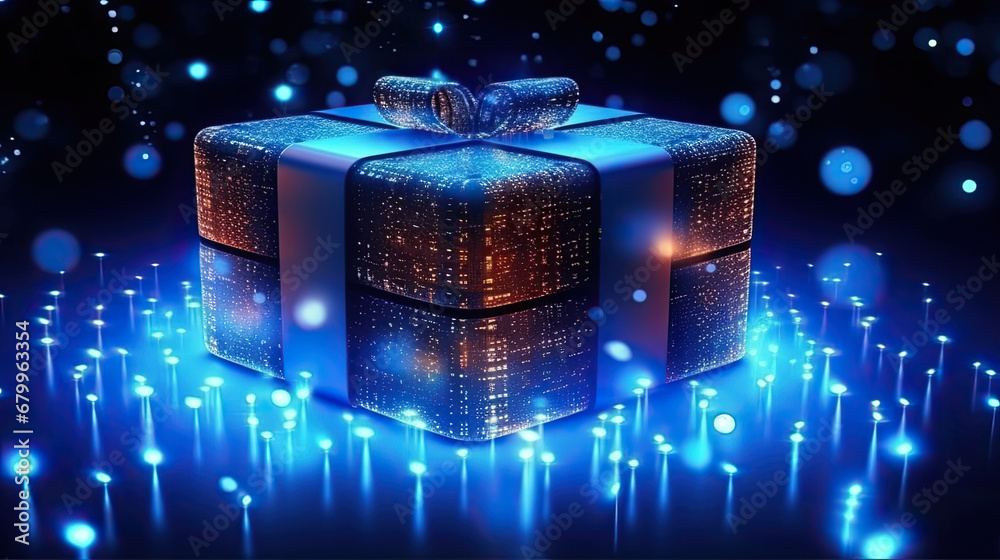 blue christmas gift box on a dark background