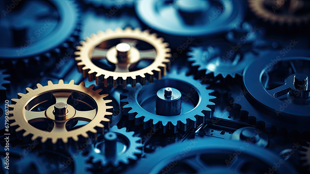 close up view of a gears, Blue gears technology background,Hi-tech digital technology and engineering on blue color background