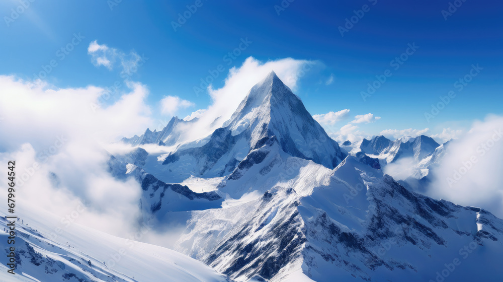 snowy mountain landscape,snow covered mountains, Majestic snowy mountain peak towering above the clouds, its pristine white slopes contrasting against the deep blue sky