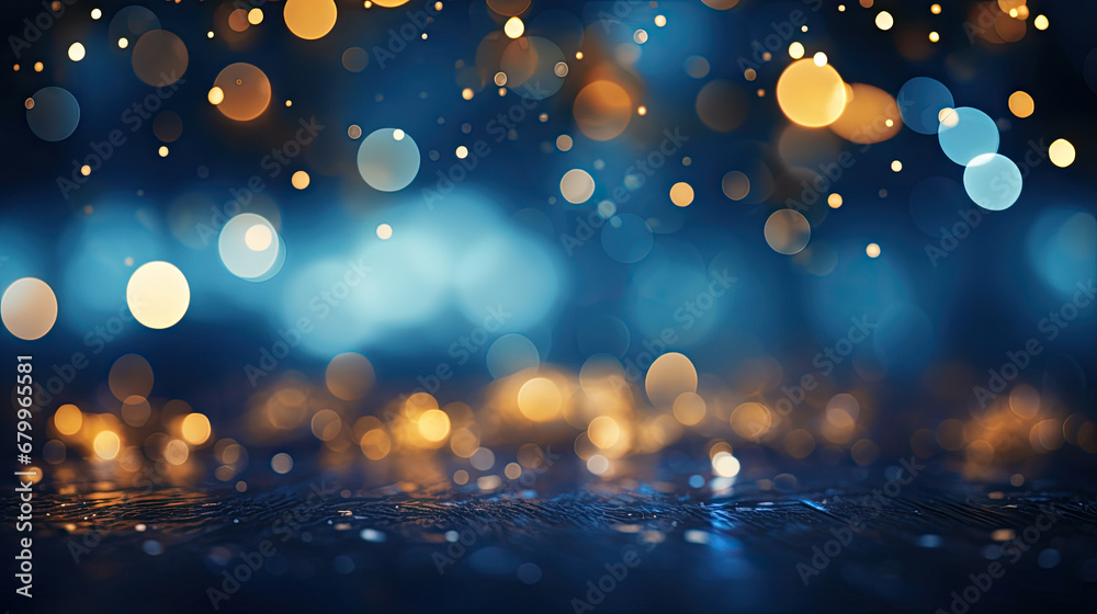 Graduation celebration background with dark blue and gold blur bokeh 