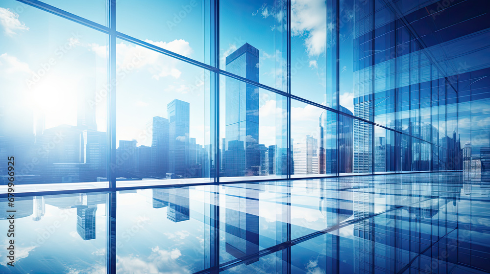 Reflective skyscrapers, business office buildings. Bottom view of modern skyscrapers in business district against blue sky	 