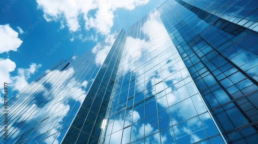 Reflective skyscrapers, business office buildings. Bottom view of modern skyscrapers in business district against blue sky	 