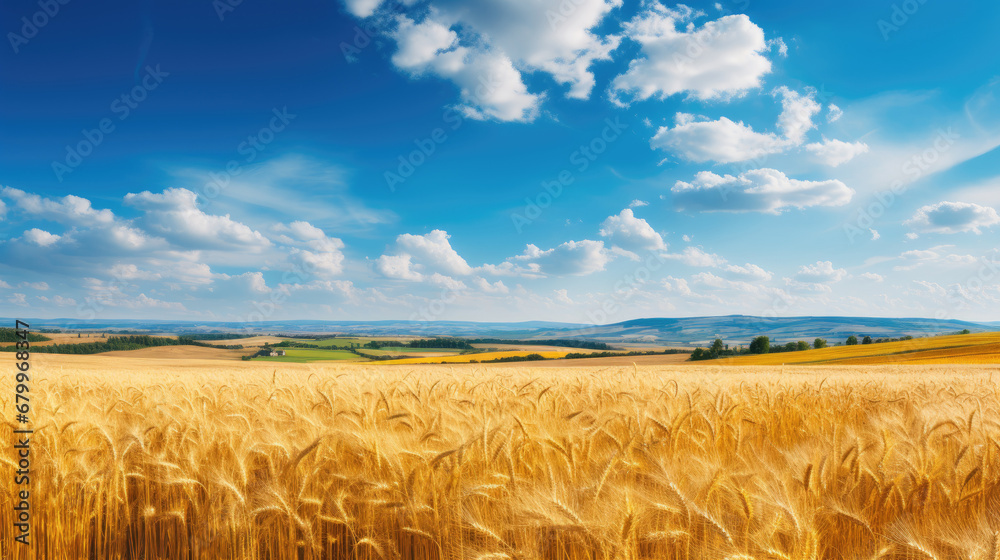 wheat field and blue sky, Yellow agriculture field with ripe wheat and blue sky with clouds over it. Field harvest