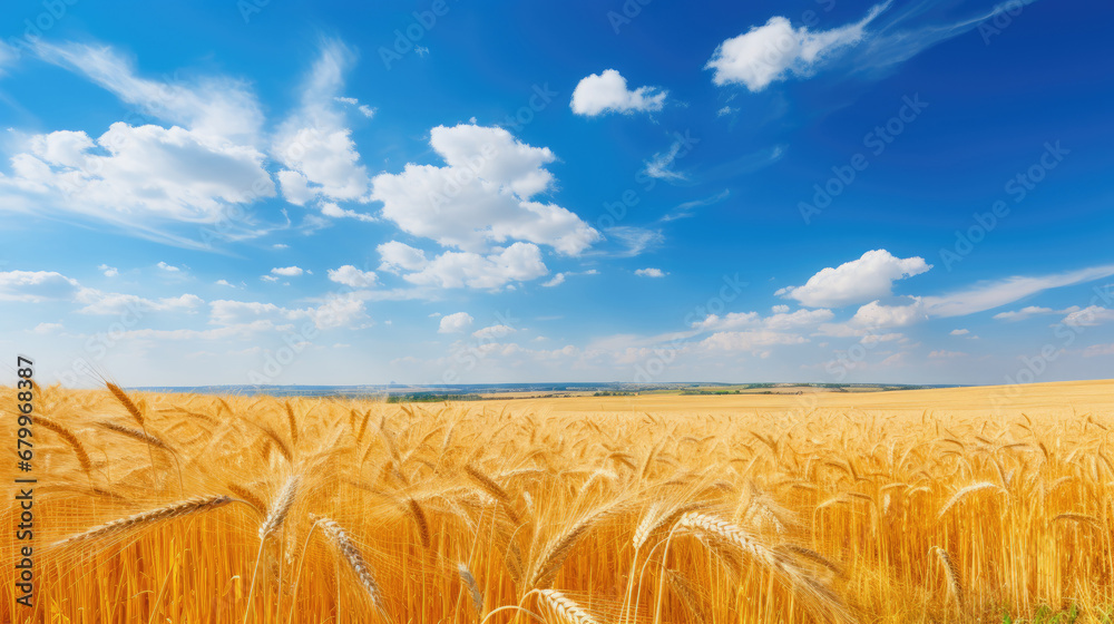 wheat field and blue sky, Yellow agriculture field with ripe wheat and blue sky with clouds over it. Field harvest