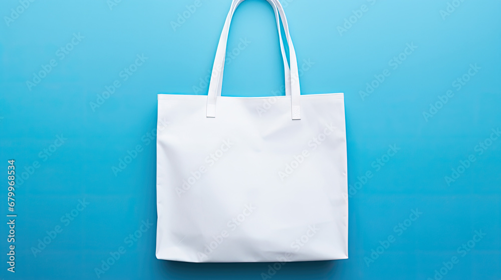 white paper bag on blue background, white blank tote bag mock up design