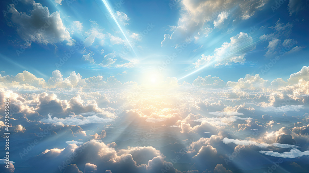 blue sky with clouds and sun, Sun light shining brightly on blue sky above thick layer of white fluffy clouds ,