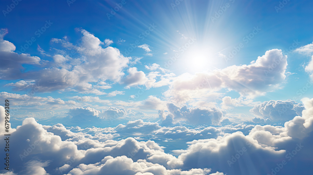 blue sky with clouds and sun, Sun light shining brightly on blue sky above thick layer of white fluffy clouds ,