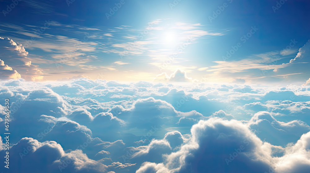 blue sky with clouds and sun, Sun light shining brightly on blue sky above thick layer of white fluffy clouds ,