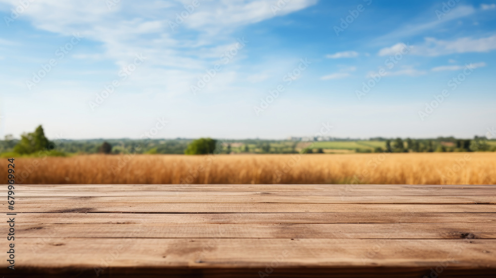  empty wooden brown table top with blur background of farmland and blue sky.