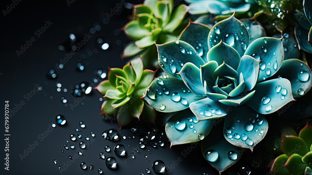 close-up of green blue  succulent   plant covered with water drop. Water preservation concept.