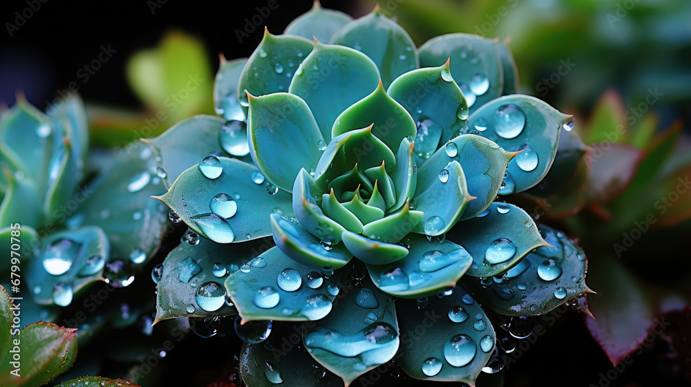 close-up of green blue  succulent   plant covered with water drop. Water preservation concept.